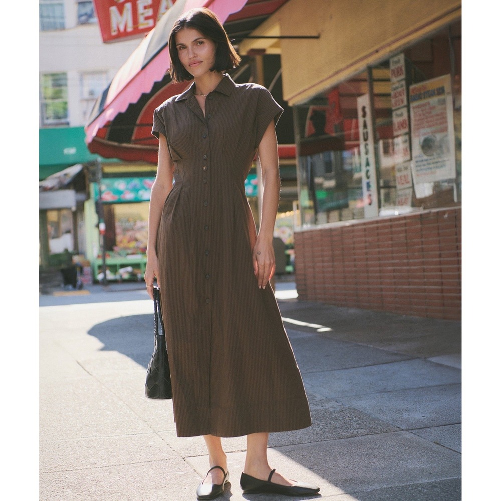 Marine Layer Arden Midi Shirt Dress NWT Brown Black Pinstripe Pima Cotton Sz S - Picture 4 of 16